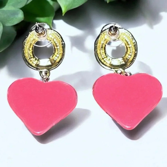 Heart Lucite Gold Dangle Pierced Earrings - Picture 2 of 4